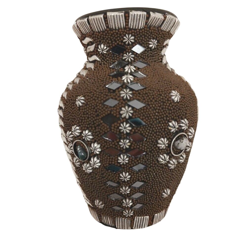 Moraccan Bud‎ Vase Brown 4" Geometric Glass Overlay Exotic Bohemian Fairygoth